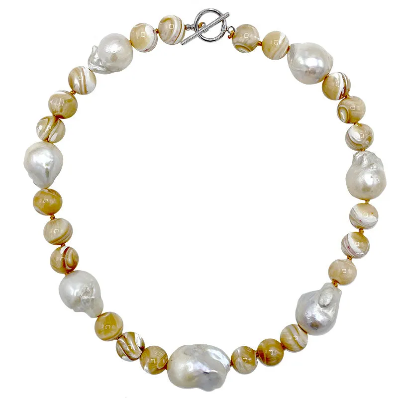 110-22 | TAN AGATE & WILD PEARL NECKLACE