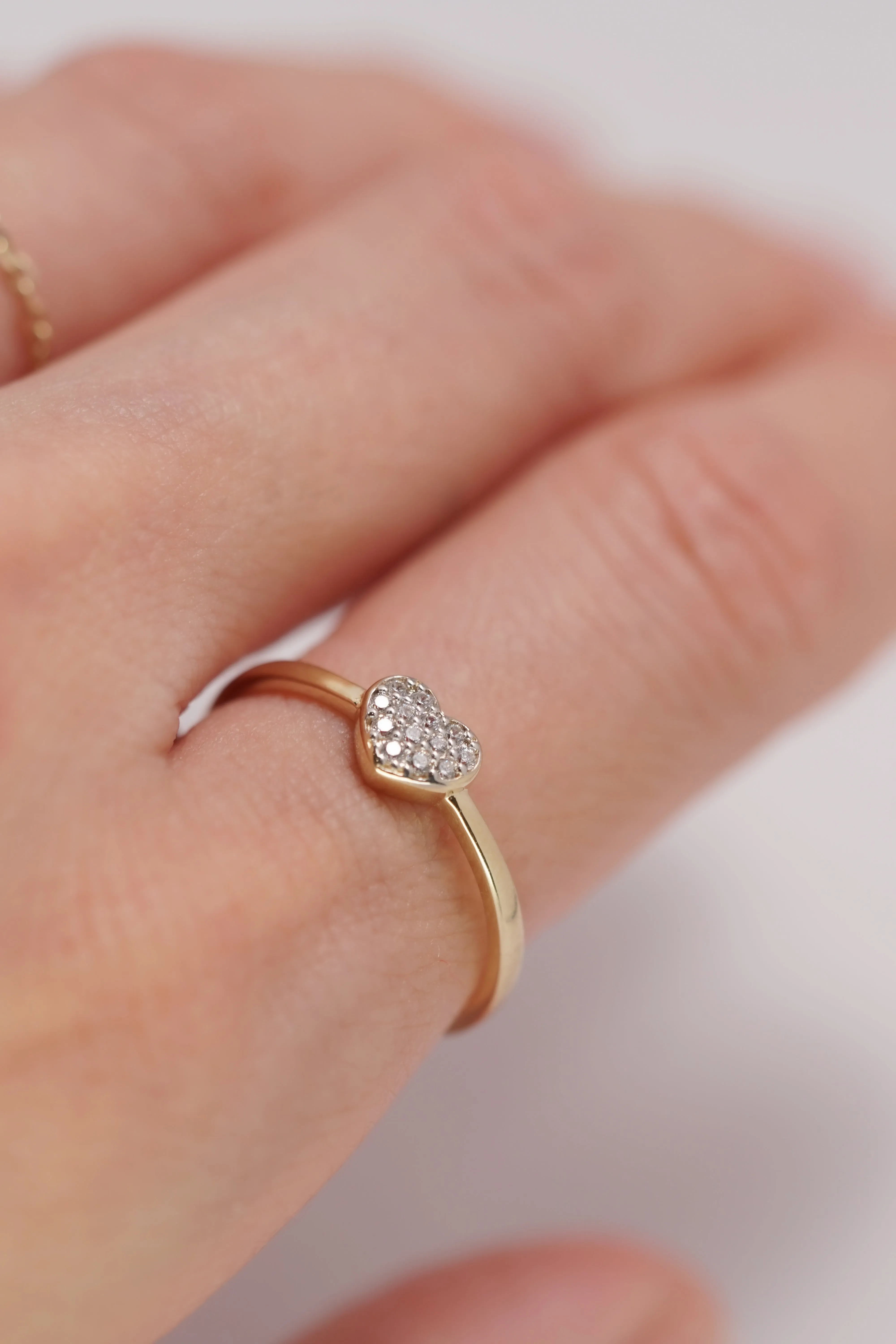 14K Solid Yellow Gold Pave CZ Simple Heart Ring