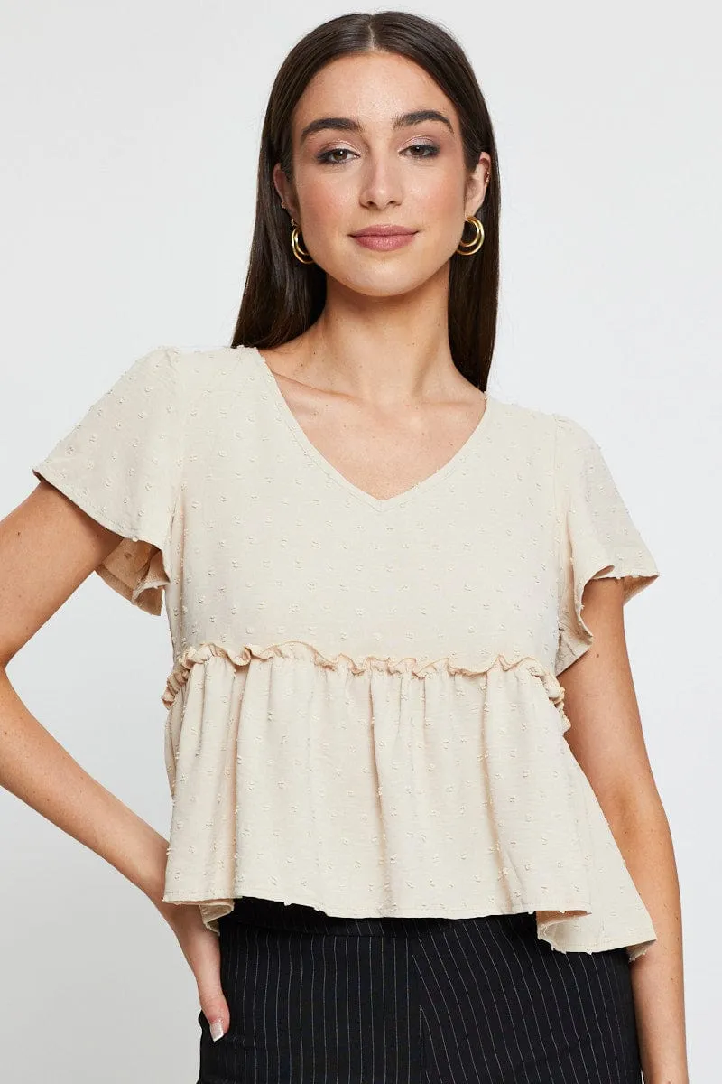 Beige Peplum Top Short Sleeve Button Front