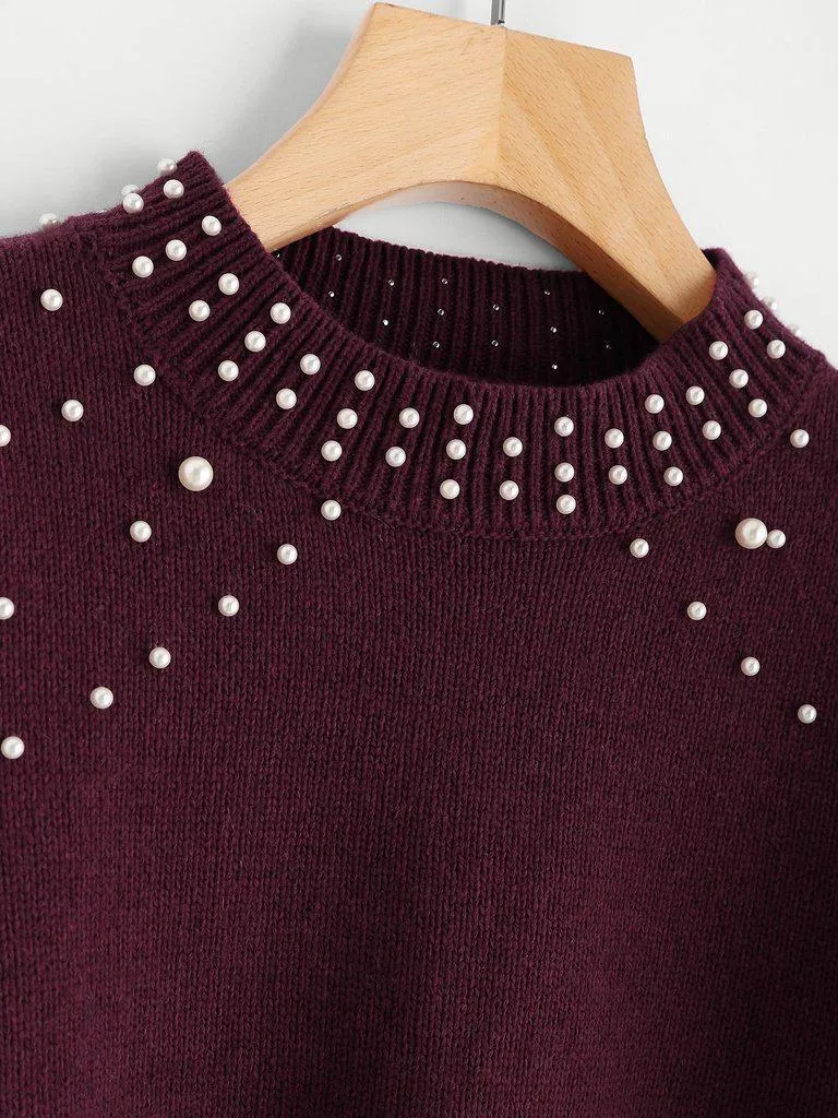 Bishop Sleeve Pearl Beading Crop Sweater