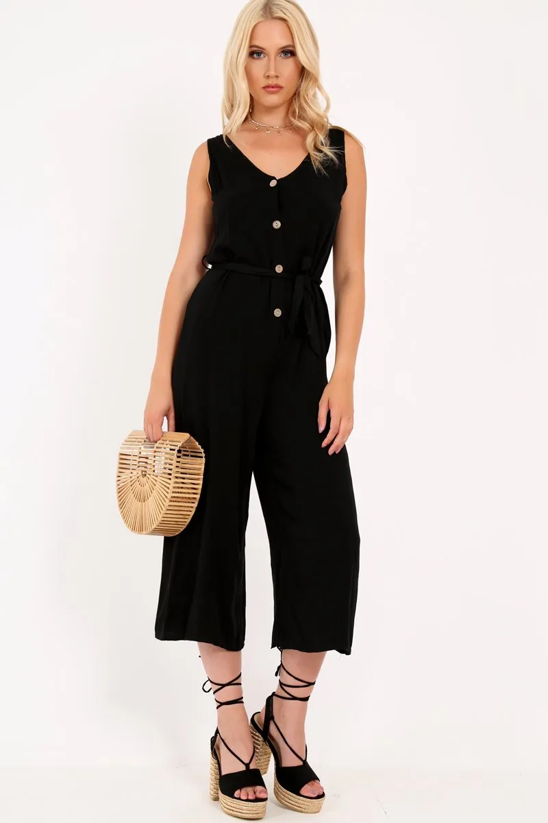 Black Sleeveless Button Down Culotte Jumpsuit - Kalanni