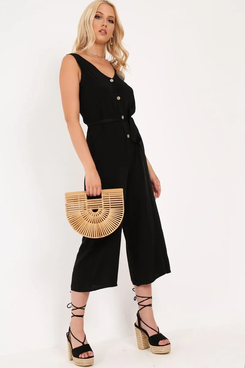 Black Sleeveless Button Down Culotte Jumpsuit - Kalanni