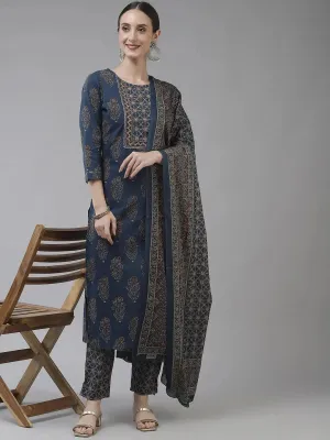 Blue Ethnic Motifs Printed Pure Cotton Dupatta Set