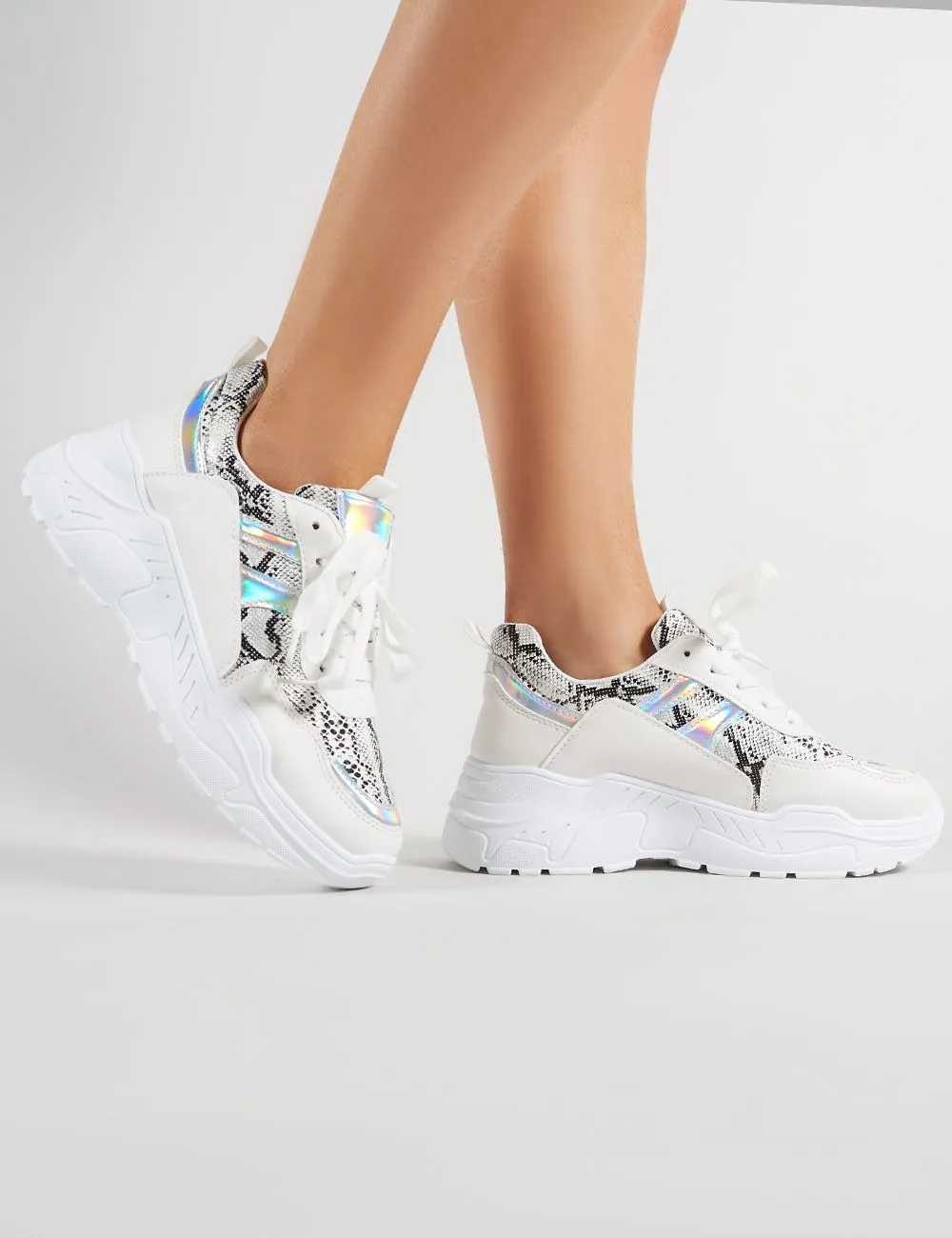 Burn Chunky Trainers in White and Snakeskin