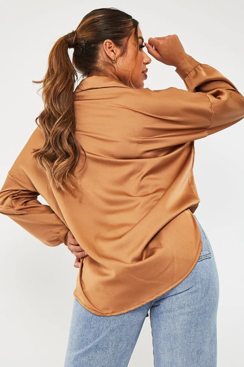 Camel Oversized Satin Shirt - Carine