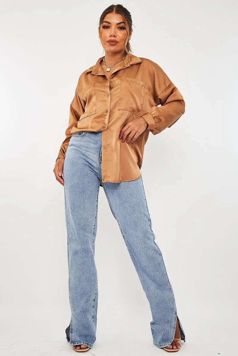 Camel Oversized Satin Shirt - Carine