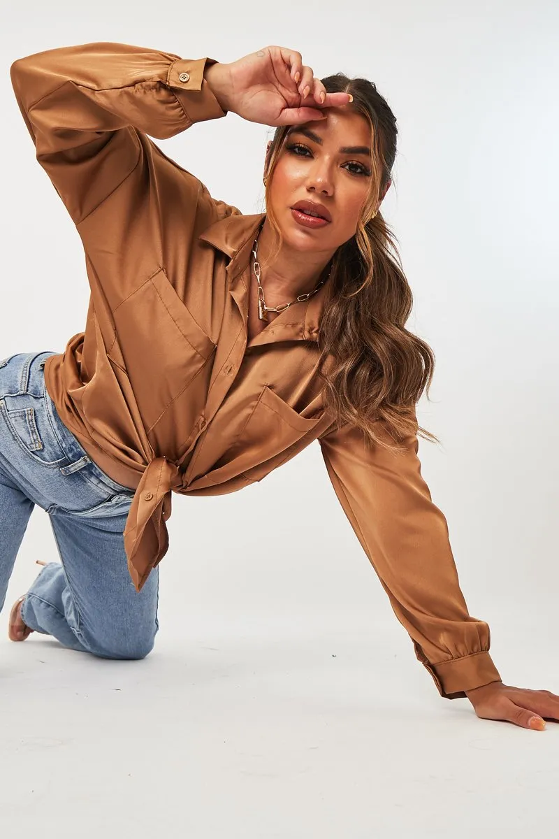 Camel Oversized Satin Shirt - Carine