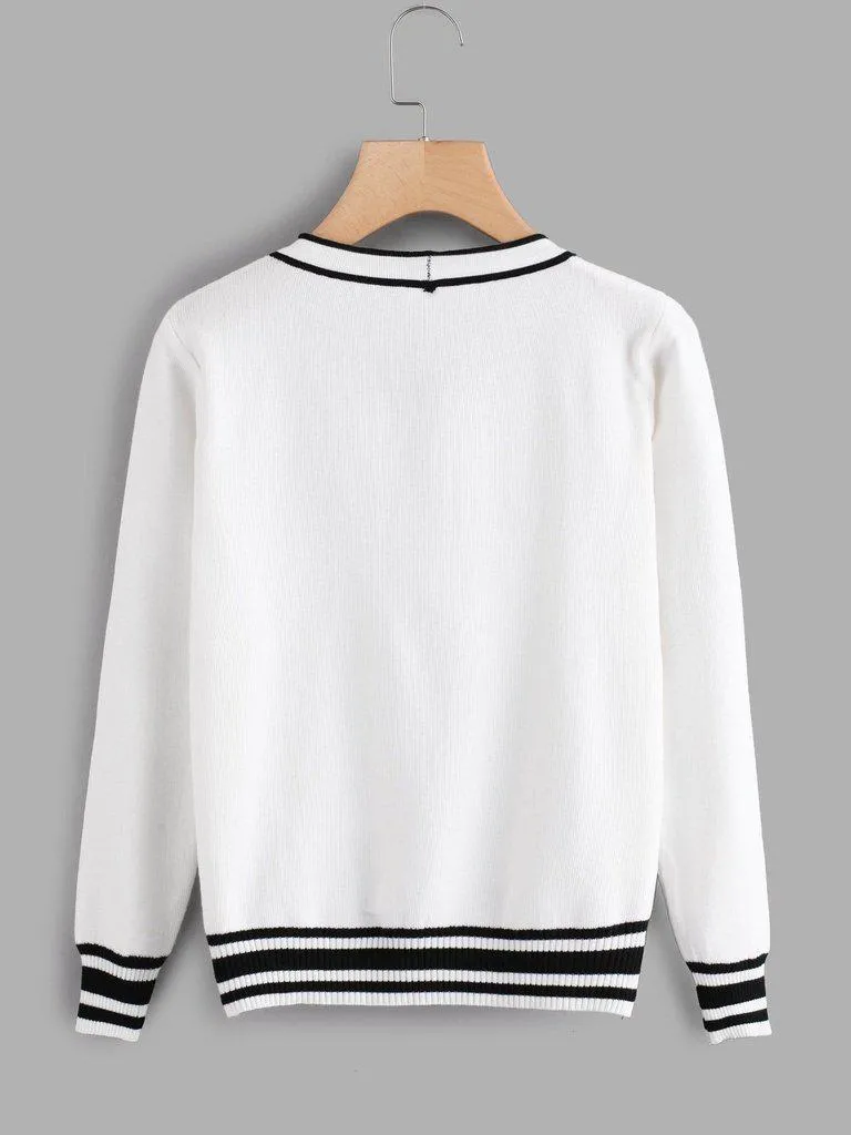 Contrast Stripe Trim Bow Tie Neck Jumper