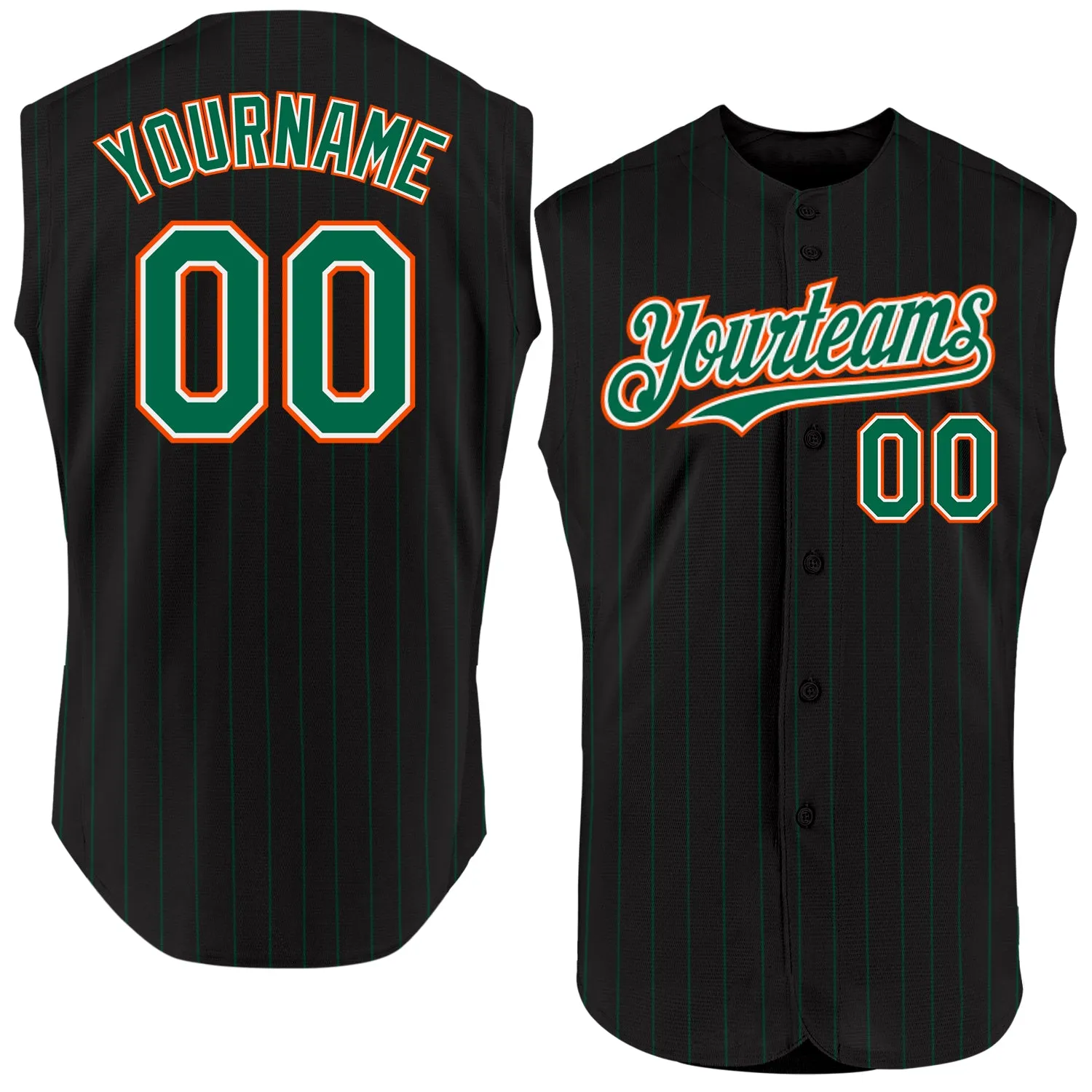 Custom Black Kelly Green Pinstripe White-Orange Authentic Sleeveless Baseball Jersey