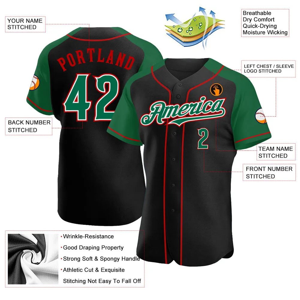 Custom Black Kelly Green-Red Authentic Raglan Sleeves Baseball Jersey