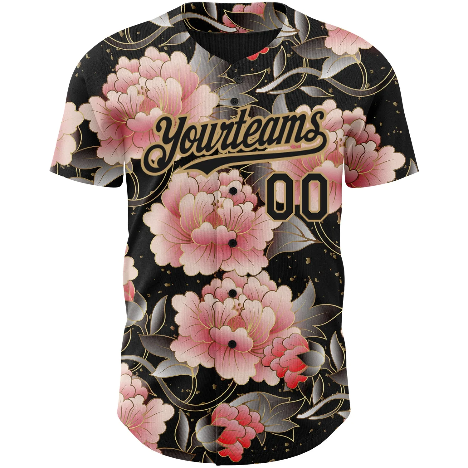 Custom Black Old Gold 3D Pattern Design Northeast China Big Flower Authentic Baseball Jersey