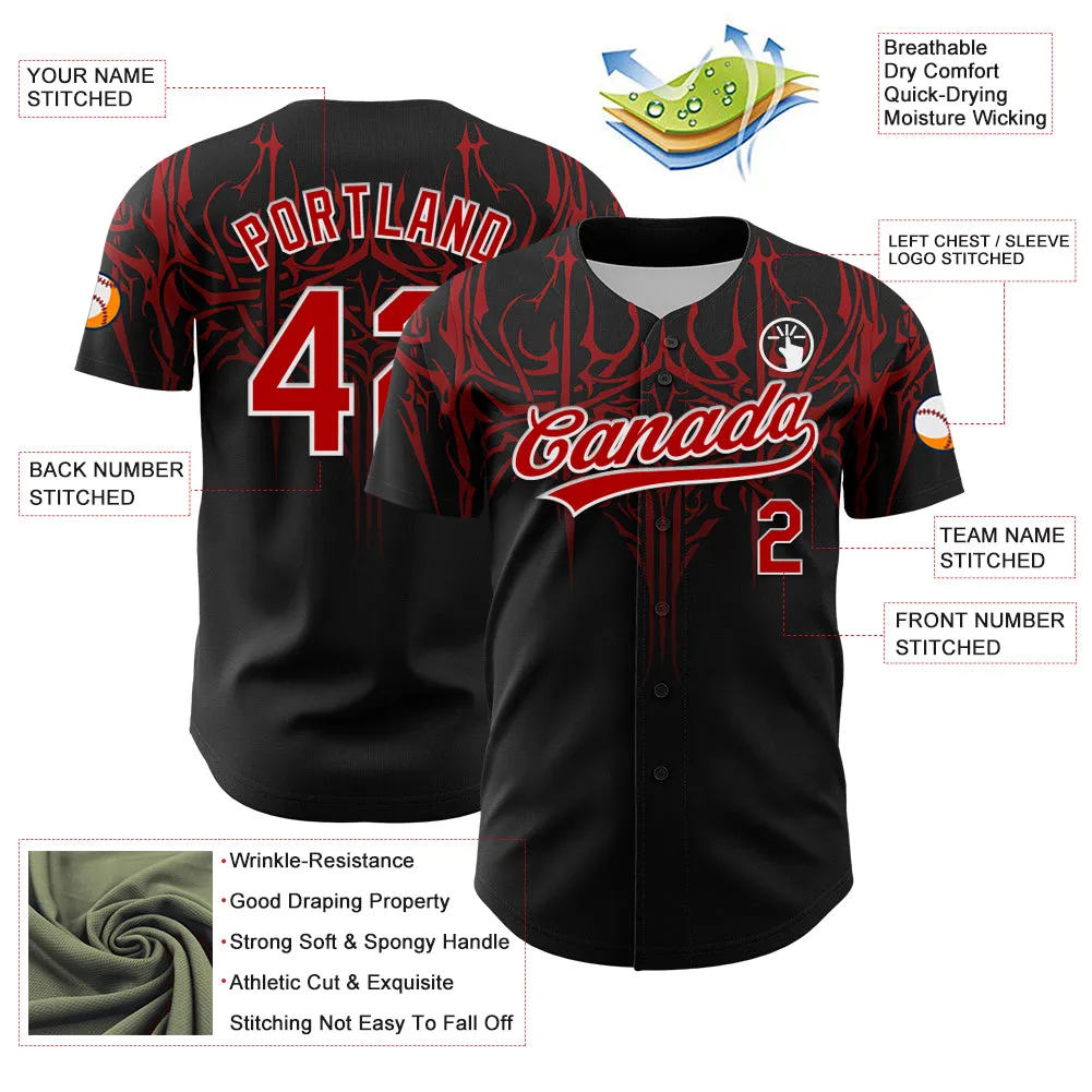 Custom Black Red-White 3D Pattern Design Gothic Style Authentic Baseball Jersey