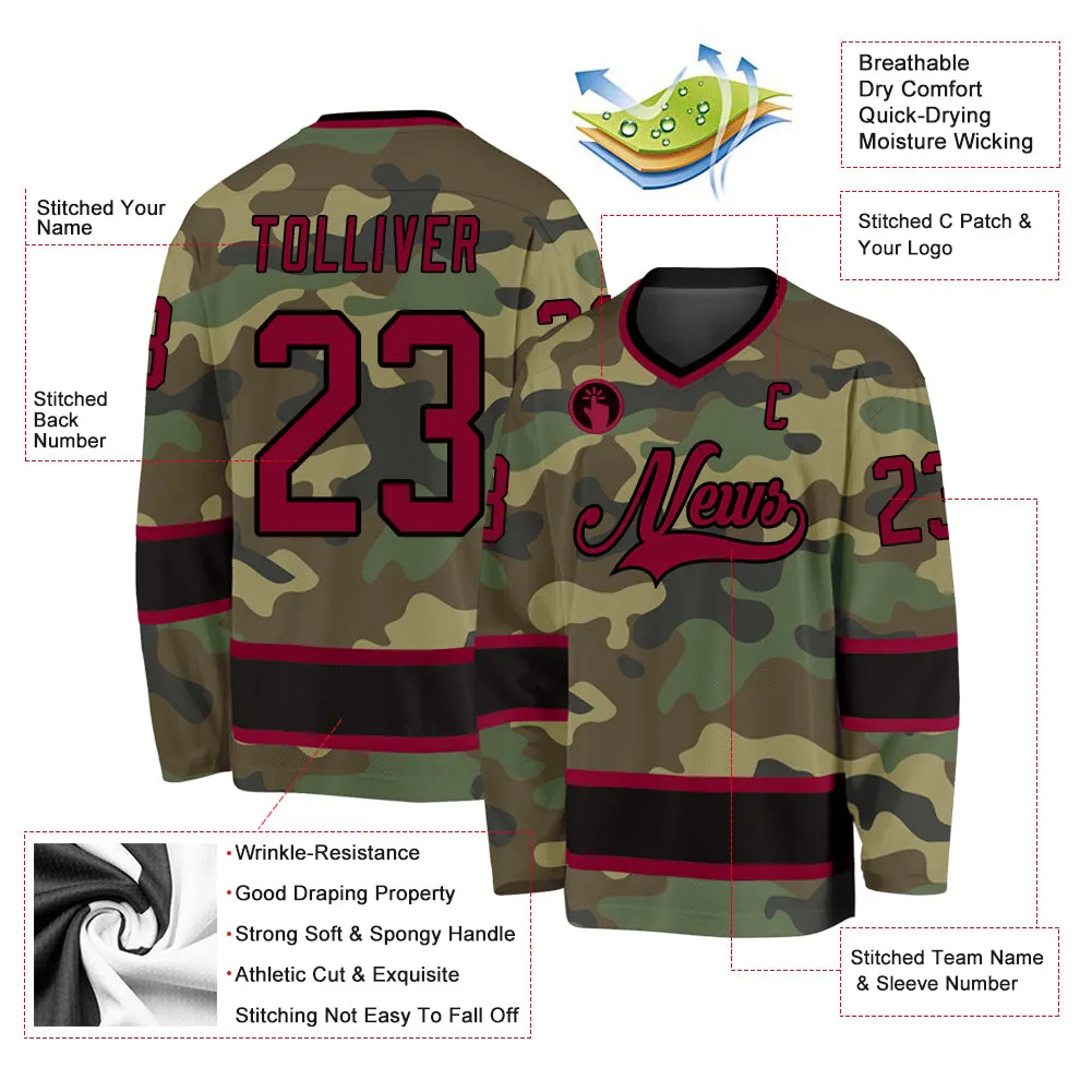 Custom Camo Maroon-Black Salute To Service Hockey Jersey