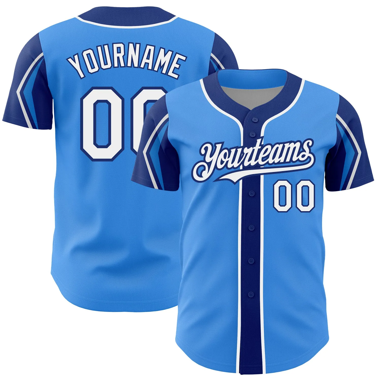 Custom Electric Blue White-Royal 3 Colors Arm Shapes Authentic Baseball Jersey