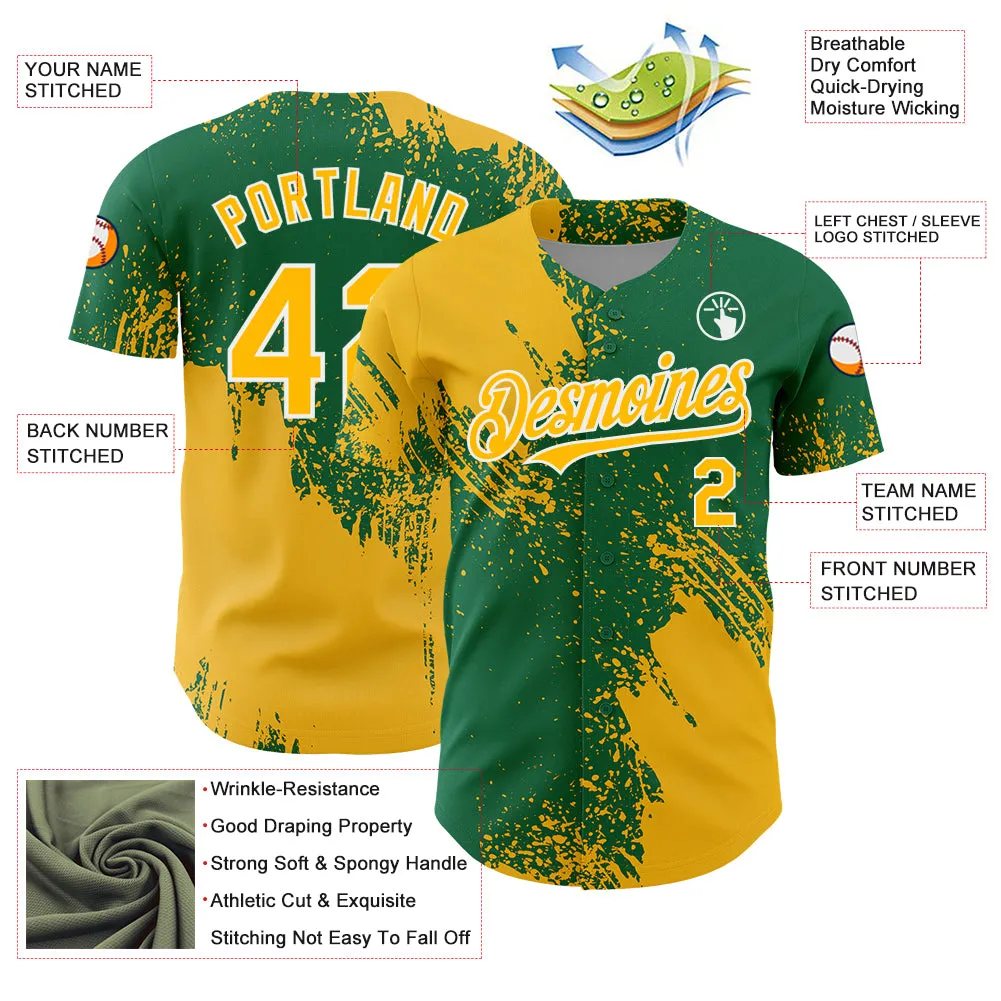 Custom Gold Kelly Green-White 3D Pattern Design Abstract Brush Stroke Authentic Baseball Jersey