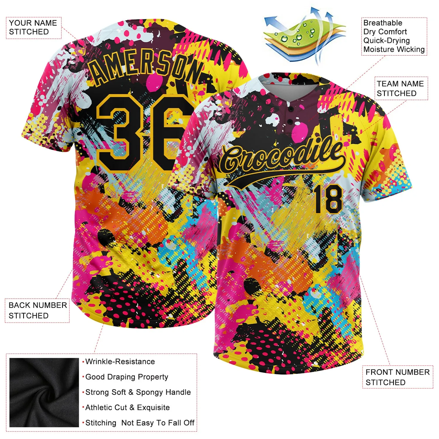 Custom Graffiti Pattern Black-Gold 3D Bright Psychedelic Two-Button Unisex Softball Jersey