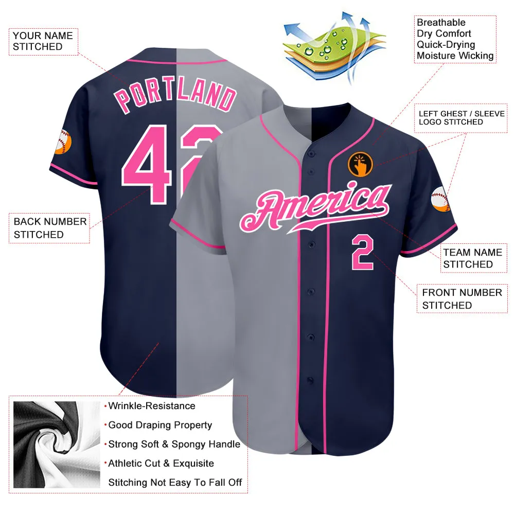 Custom Navy Pink-Gray Authentic Split Fashion Baseball Jersey