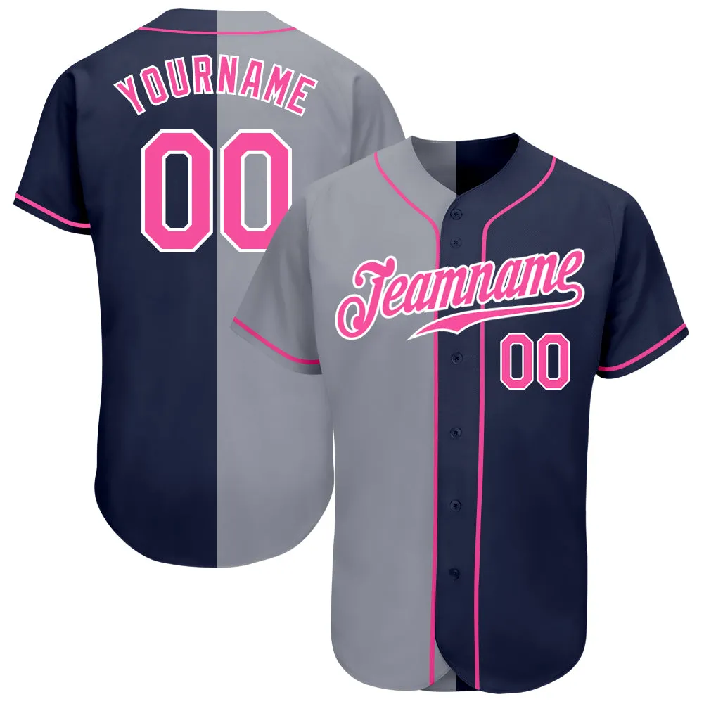 Custom Navy Pink-Gray Authentic Split Fashion Baseball Jersey