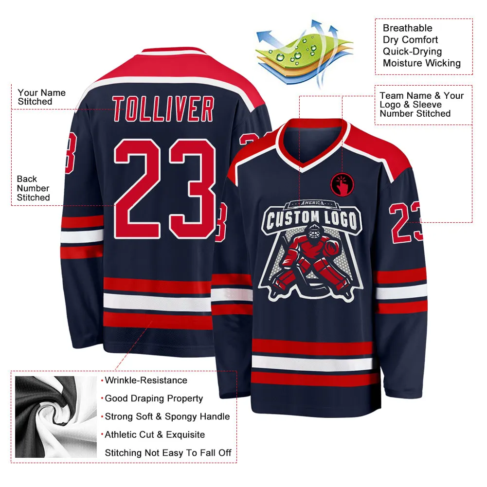 Custom Navy Red-White Hockey Jersey