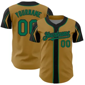 Custom Old Gold Kelly Green-Black 3 Colors Arm Shapes Authentic Baseball Jersey