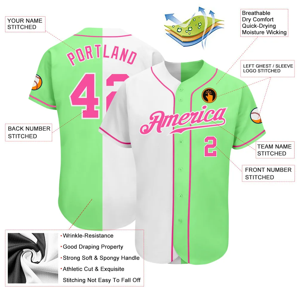 Custom Pea Green Pink-White Authentic Split Fashion Baseball Jersey