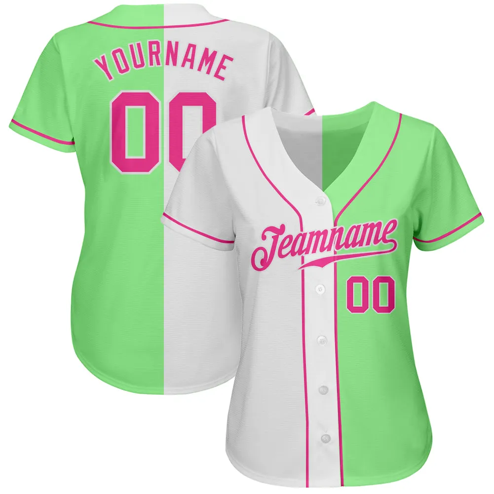 Custom Pea Green Pink-White Authentic Split Fashion Baseball Jersey