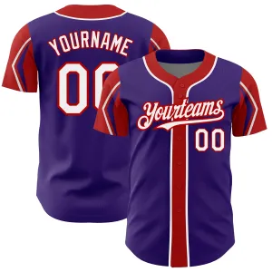 Custom Purple White-Red 3 Colors Arm Shapes Authentic Baseball Jersey