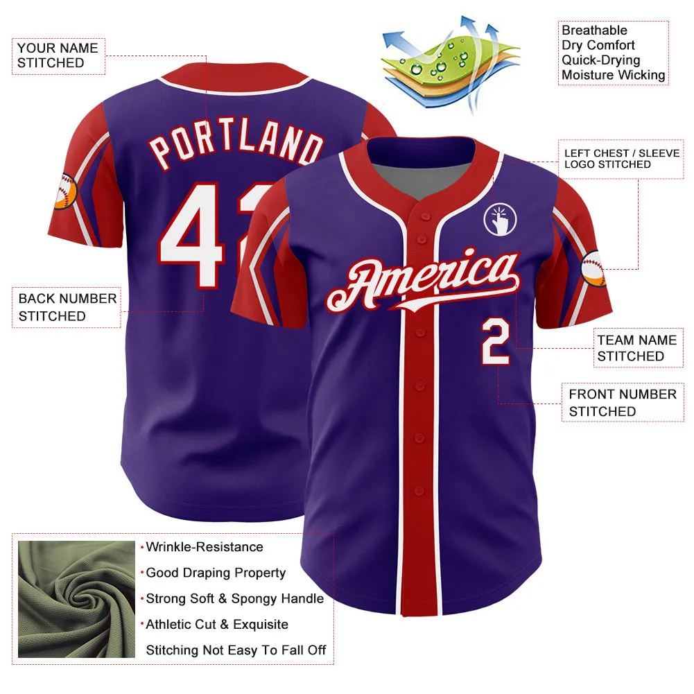 Custom Purple White-Red 3 Colors Arm Shapes Authentic Baseball Jersey