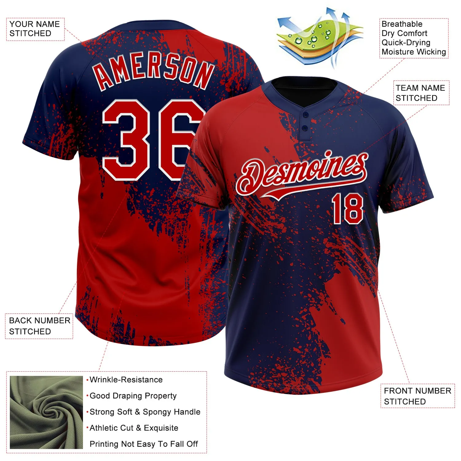 Custom Red Navy-White 3D Pattern Abstract Brush Stroke Two-Button Unisex Softball Jersey