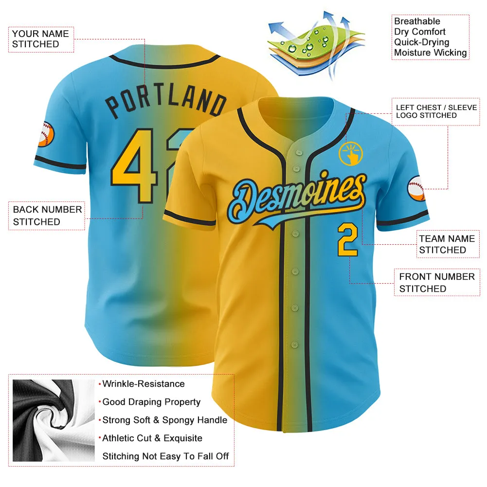 Custom Sky Blue Gold-Black Authentic Gradient Fashion Baseball Jersey