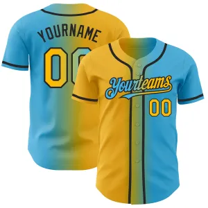 Custom Sky Blue Gold-Black Authentic Gradient Fashion Baseball Jersey