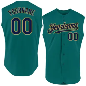 Custom Teal Navy-Old Gold Authentic Sleeveless Baseball Jersey