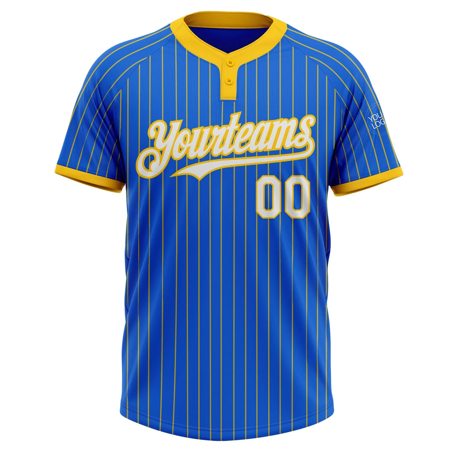 Custom Thunder Blue Yellow Pinstripe White Two-Button Unisex Softball Jersey