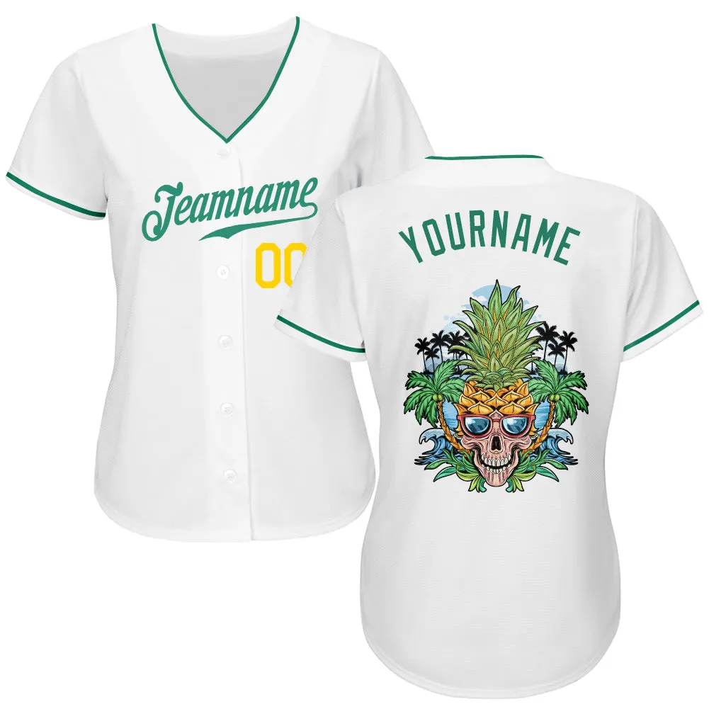 Custom White Kelly Green-Gold Authentic Skull Pineapple Head Baseball Jersey