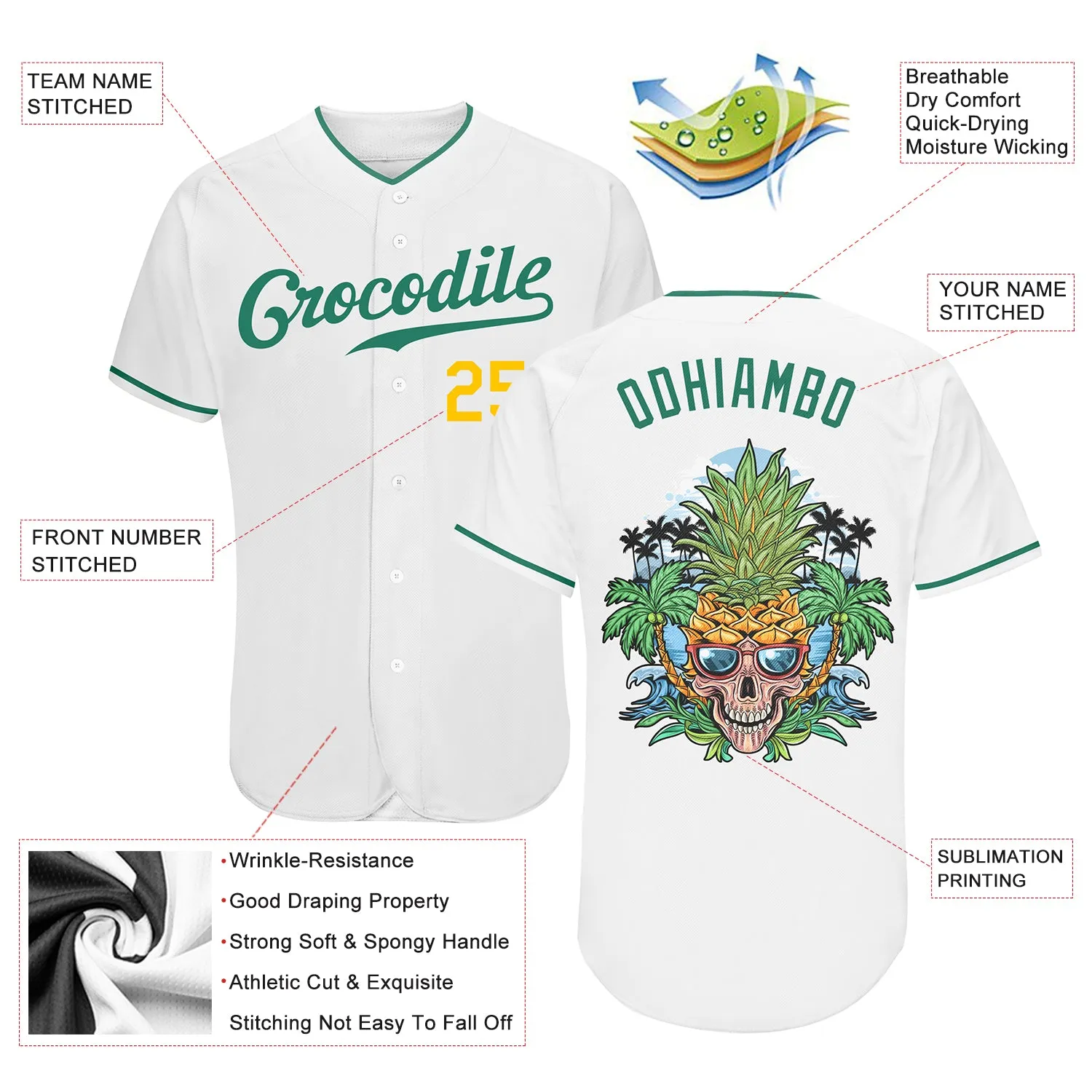 Custom White Kelly Green-Gold Authentic Skull Pineapple Head Baseball Jersey