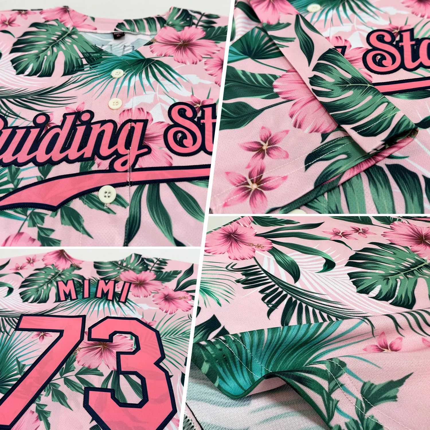 Custom White Medium Pink-Navy 3D Pattern Design Hawaii Palm Leaves And Flowers Authentic Baseball Jersey