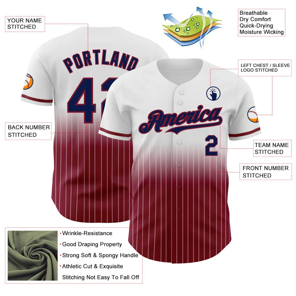 Custom White Pinstripe Navy-Crimson Authentic Fade Fashion Baseball Jersey