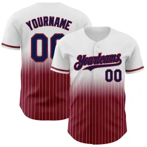 Custom White Pinstripe Navy-Crimson Authentic Fade Fashion Baseball Jersey