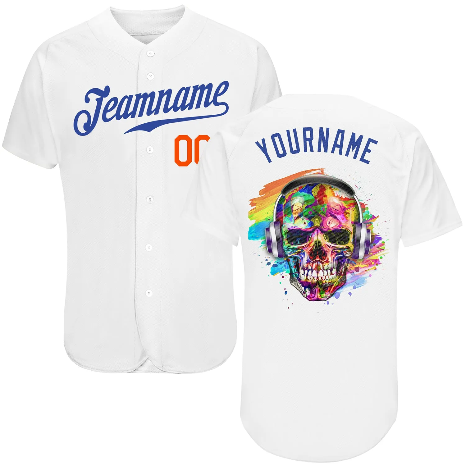 Custom White Royal-Orange Authentic Skull Fashion Baseball Jersey