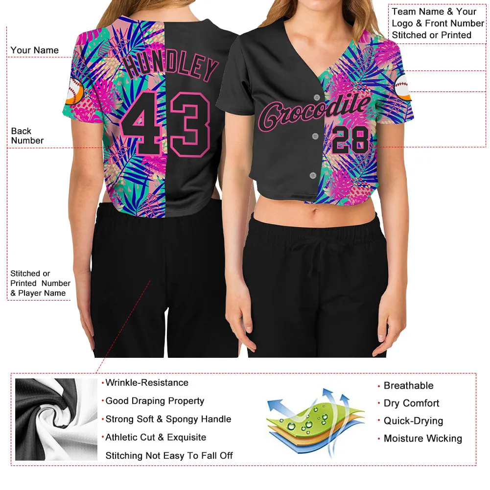 Custom Women's Black Black-Pink Summer 3D V-Neck Cropped Baseball Jersey