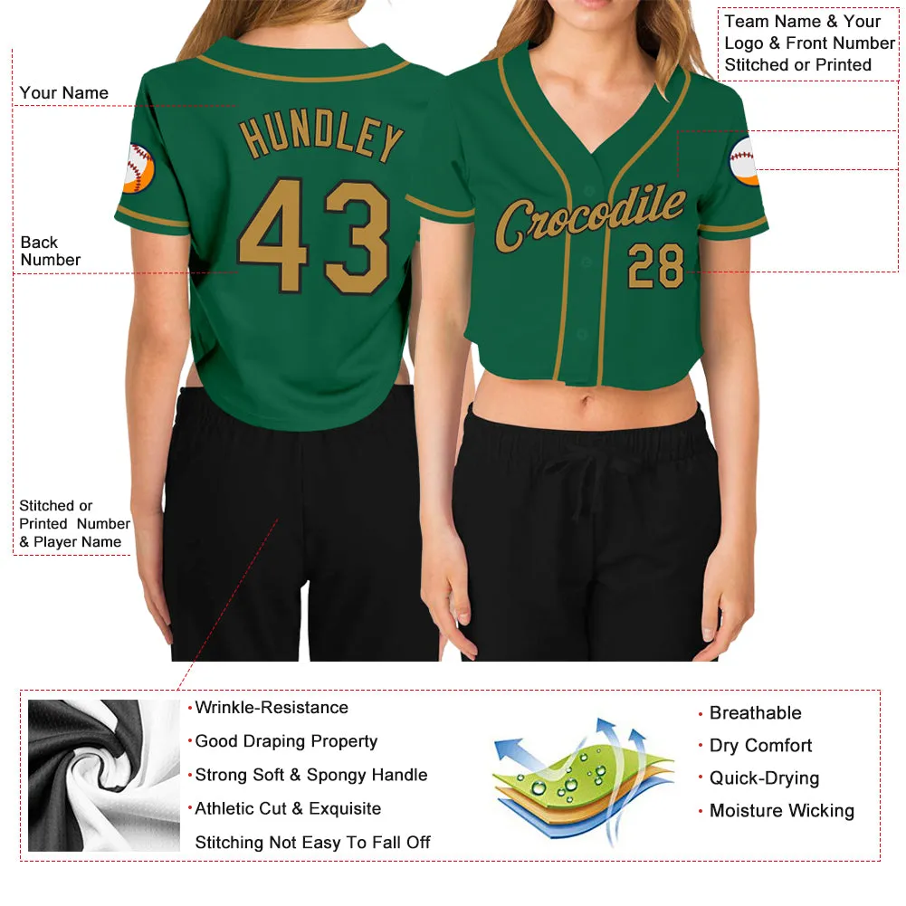 Custom Women's Kelly Green Old Gold-Black V-Neck Cropped Baseball Jersey