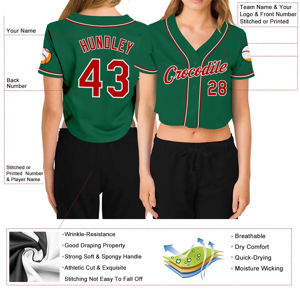 Custom Women's Kelly Green Red-White V-Neck Cropped Baseball Jersey