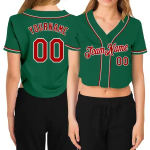 Custom Women's Kelly Green Red-White V-Neck Cropped Baseball Jersey