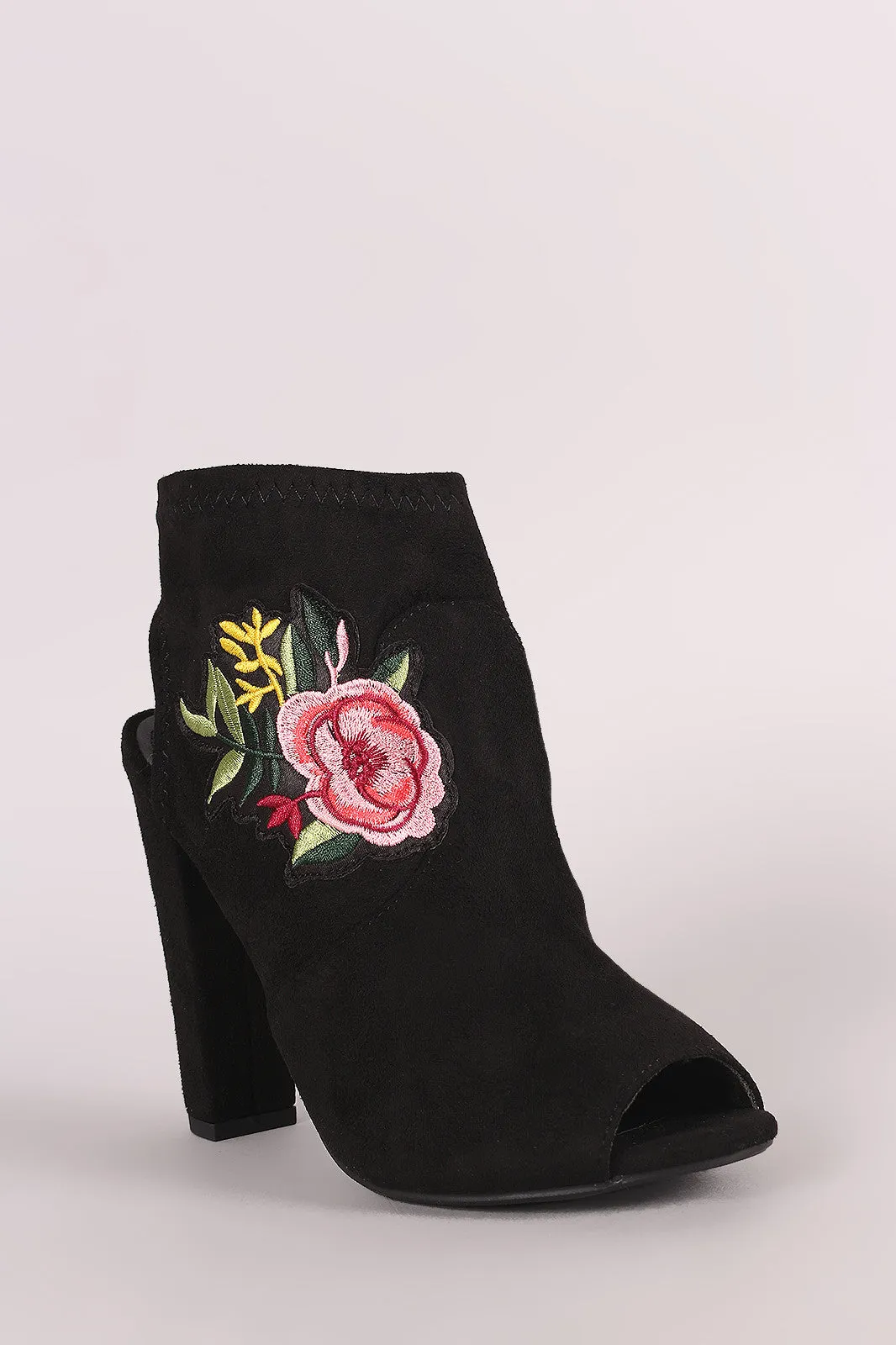 Delicious Suede Floral Patch Peep Toe Chunky Heeled Booties