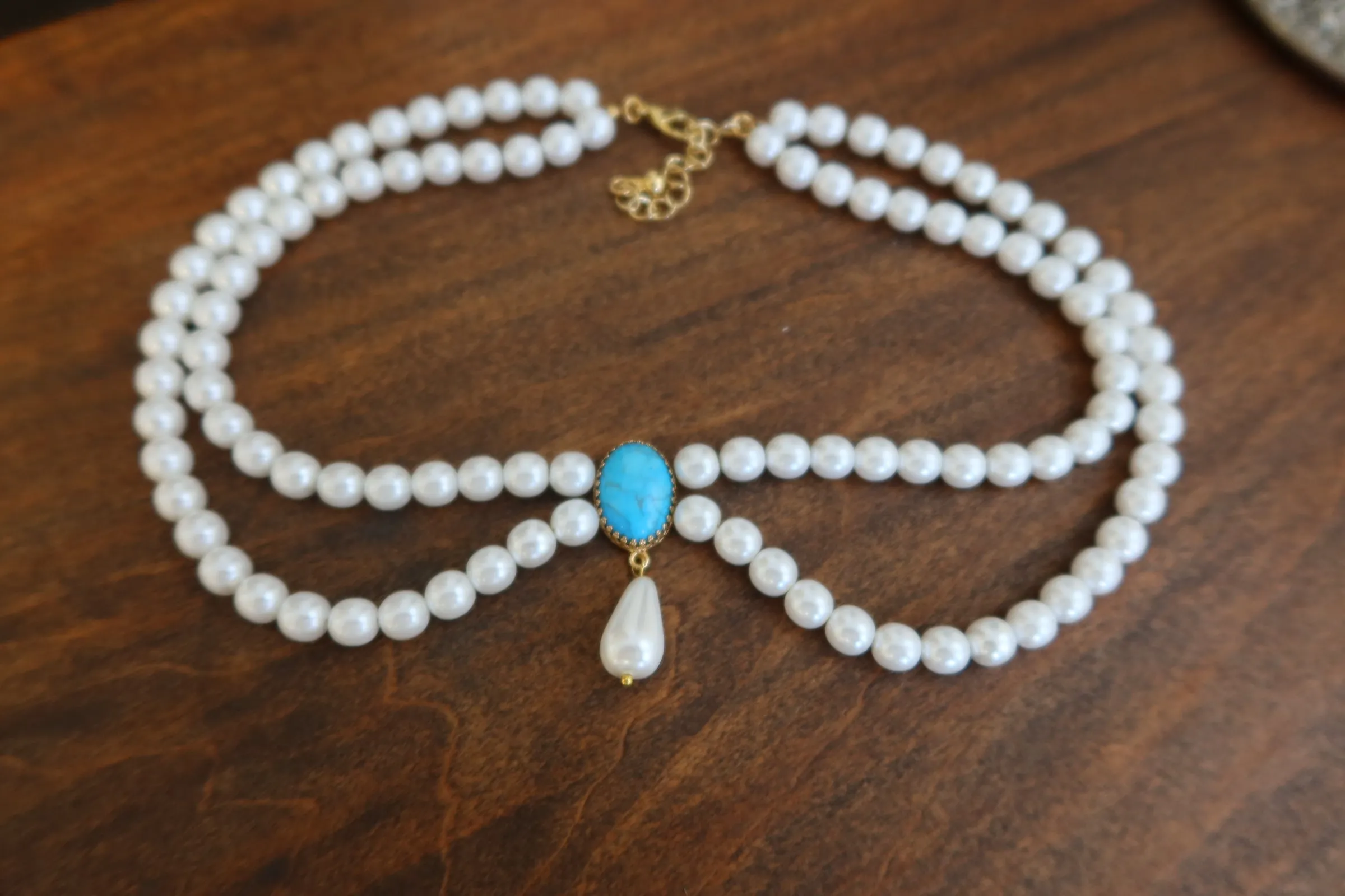 Festoon Necklace - Pearl and Turquoise with Dangle