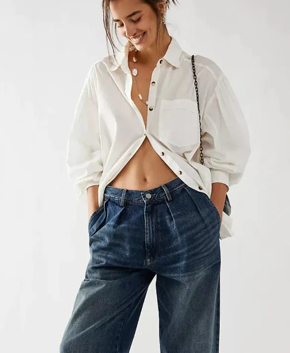 Free People Happy Hour Solid Button Down Top - White