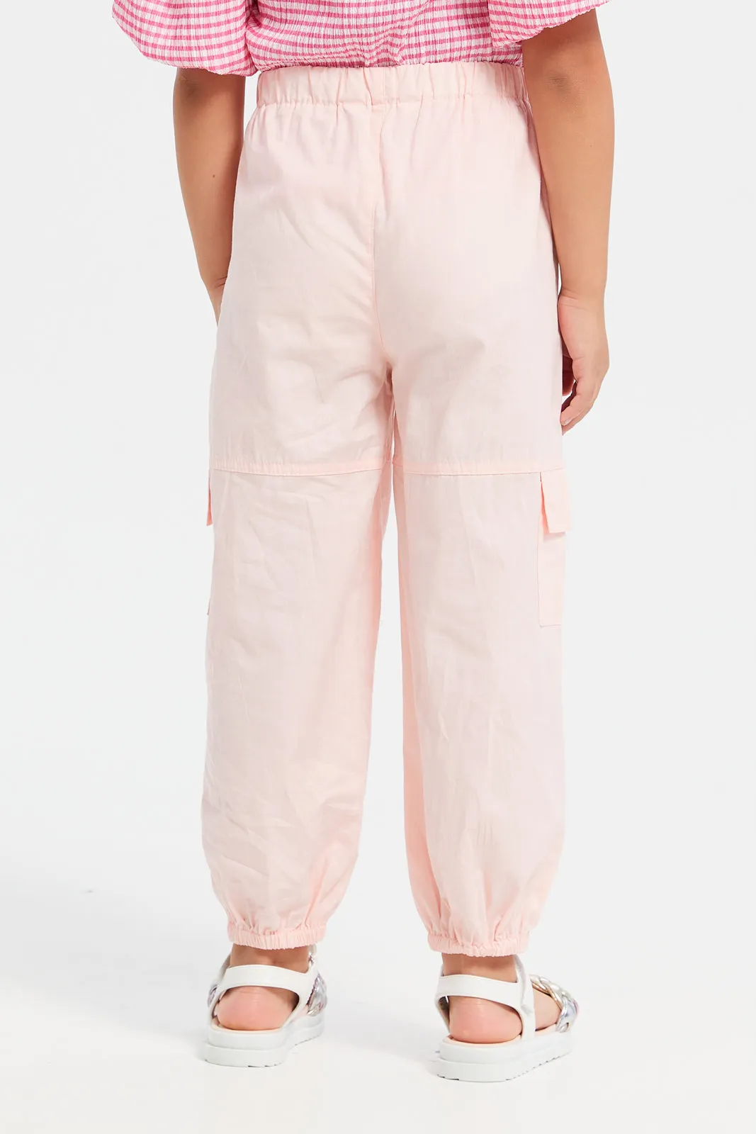 Girls Pink Plain Cargo Fit Trouser