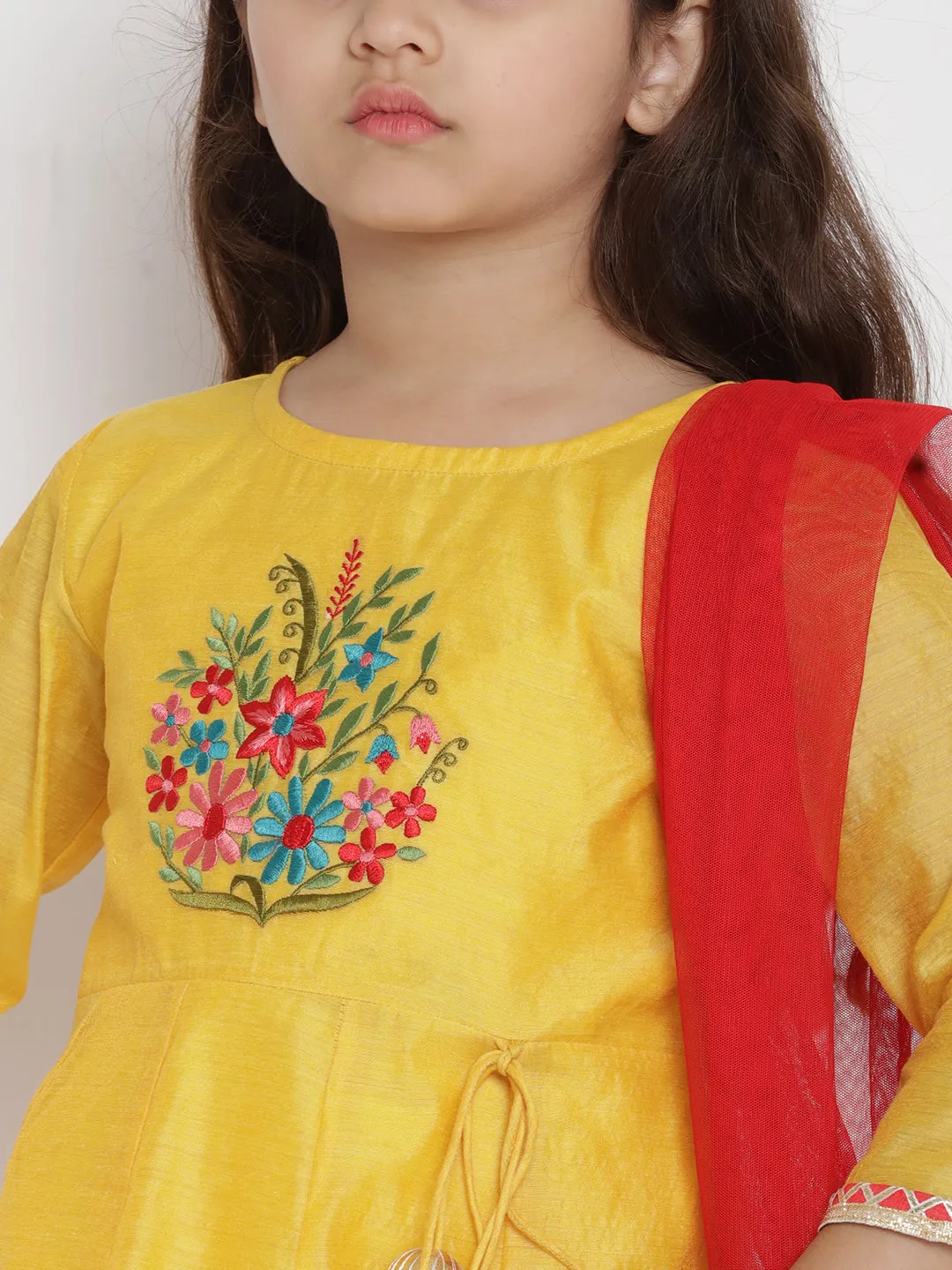 Girls Yellow & Red Embroidered Kurta With Trousers & Dupatta