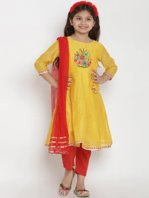 Girls Yellow & Red Embroidered Kurta With Trousers & Dupatta