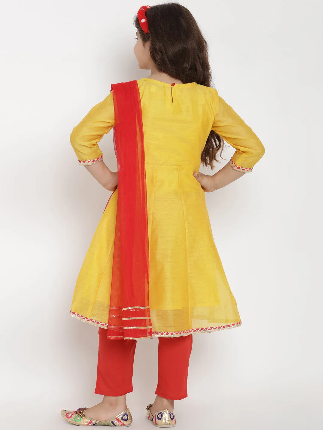 Girls Yellow & Red Embroidered Kurta With Trousers & Dupatta